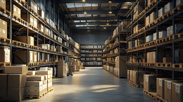 Large warehouse interior with stacked storage boxes and shelves.